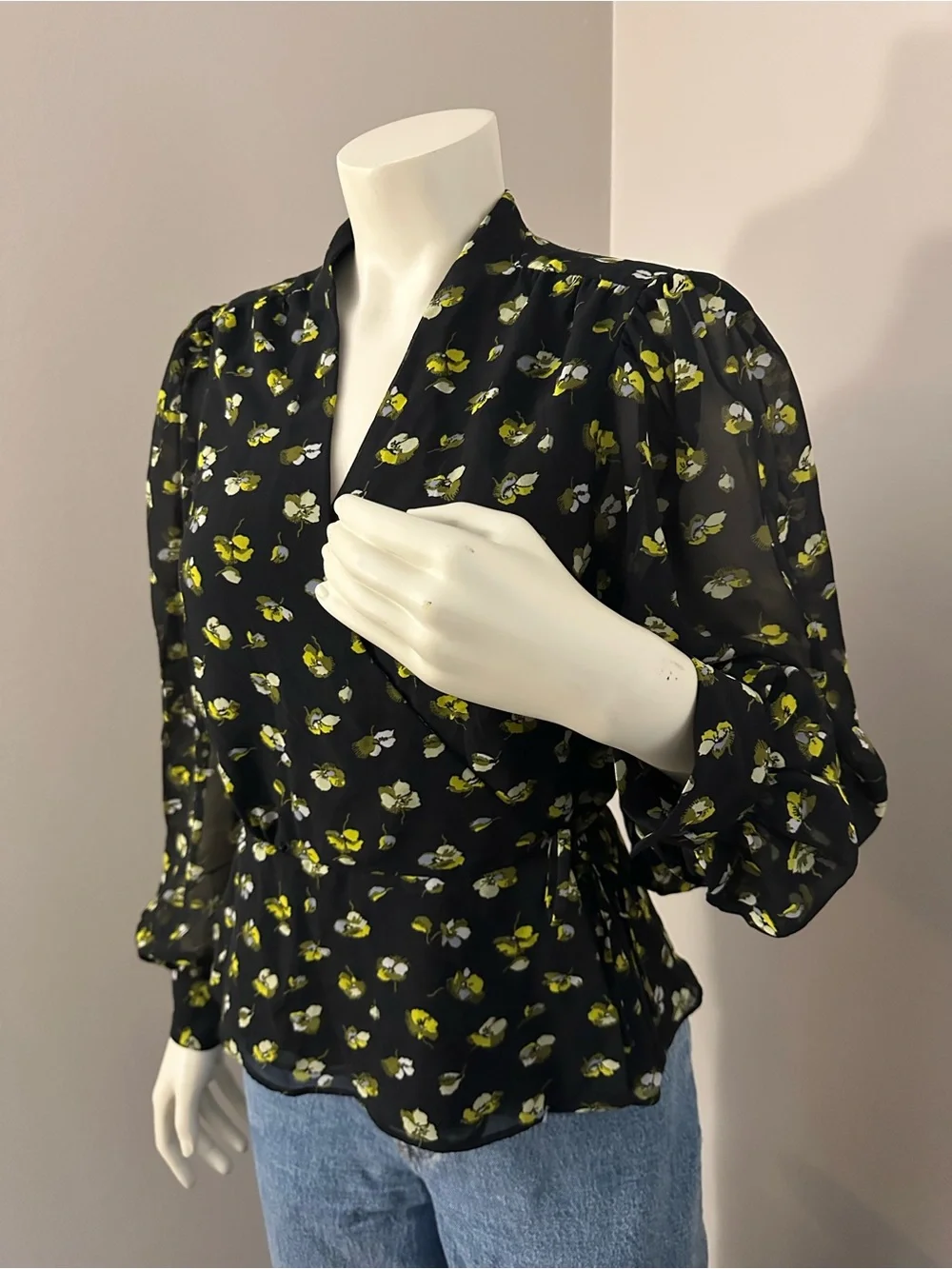 Banana Republic Black Sheer Floral Blouse with Yellow Accent